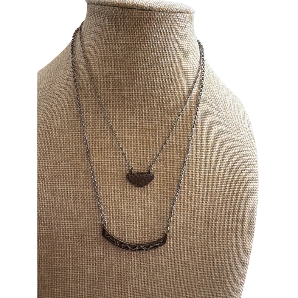Mixed Metal Layered Double Strand Necklace Hammered Heart & Geometric Curved Bar